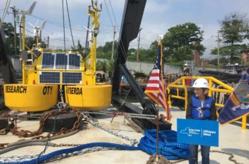 New York set to work with fishermen on offshore wind research A metocean research buoy, to be deployed in the New York Bight in studies to develop offshore wind energy, was being prepared Wednesday at the Miller's Launch yard on Staten Island, N.Y. NYSERDA photo.