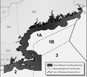 The proposed inshore midwater trawl restricted area would extend 12 miles offshore, and bump out to 20 miles off Cape Cod. NEFMC graphic.