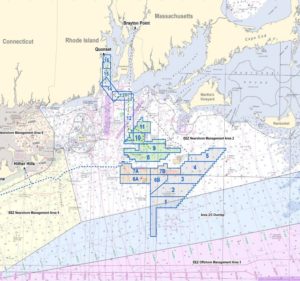 Survey work is ongoing around the Bay State Wind, Revolution Wind and Sunrise Wind project sites near Martha's Vineyard. Ørsted notice to mariners image.