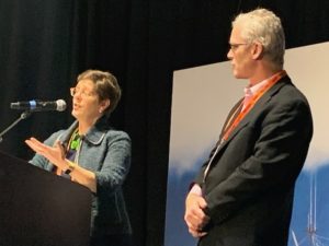 Port of Seattle managing directors Stephanie Jones Stebbins and David McFadden talk about the port's expansion plans at Pacific Marine Expo. Kirk Moore photo.
