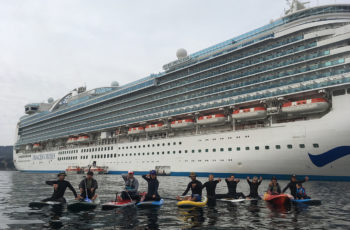Residents protest cruise ships in California marine sanctuary Paddlers protest near a cruise ship in Monterey Bay, Calif. Brent Allen photo.