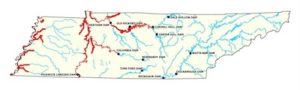Asian carp (in red) are known to be moving through Tennessee's waterway. Tennessee Wildlife Resources Agency map.
