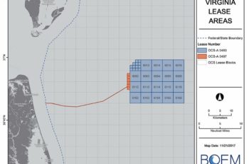 First offshore wind energy project in federal waters to start May 2020 The Coastal Virginia Offshore Wind project is adjacent to Dominion Energy's wind energy lease area east of Virginia Beach. BOEM chart.