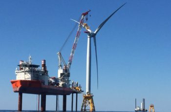 Another setback for Vineyard Wind, project will miss 2022 target The Block Island Wind Farm under construction in 2016. The extension of a BOEM environmental impact study means Vineyard Wind will miss its targeted operations date of 2022, the company says. Deepwater Wind photo.