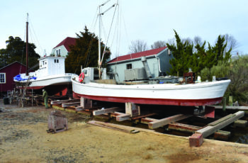 Virginia builders maintain wooden boat traditions The deck boat Elva C. and deadrise pound boat Glenna Fay were on the rails in January at Reedville Marine Railway. Larry Chowning photo.